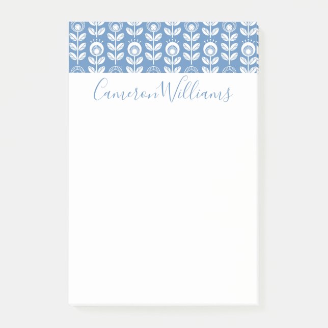 Add Your Name | Retro Scandinavian Blue Pattern Post-it Notes (Front)
