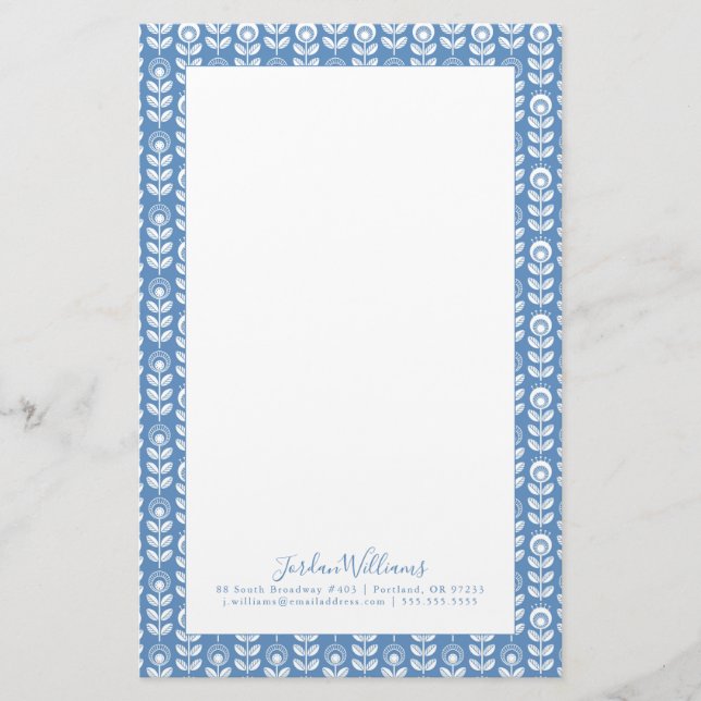 Add Your Name | Retro Scandinavian Blue Pattern Stationery (Front)