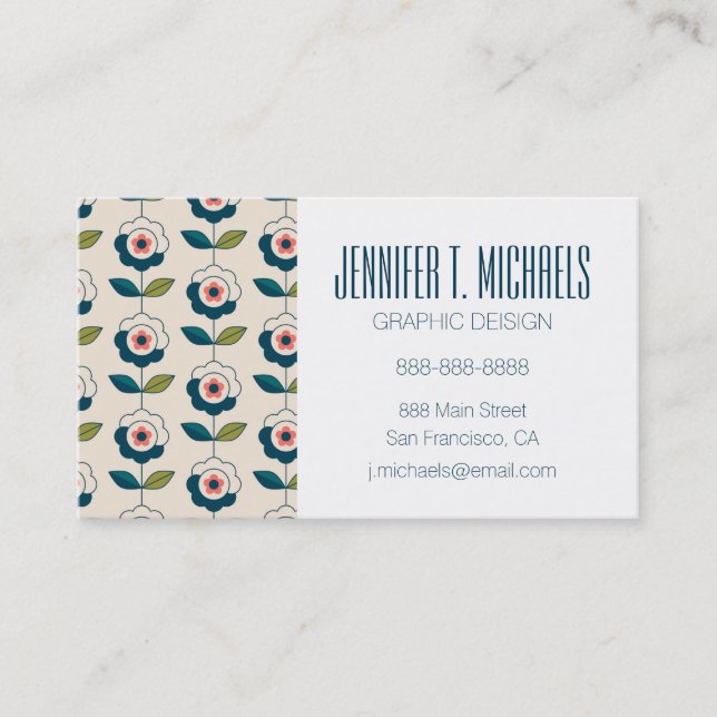 Add Your Name | Retro Turquoise Floral Pattern Business Card (Front)