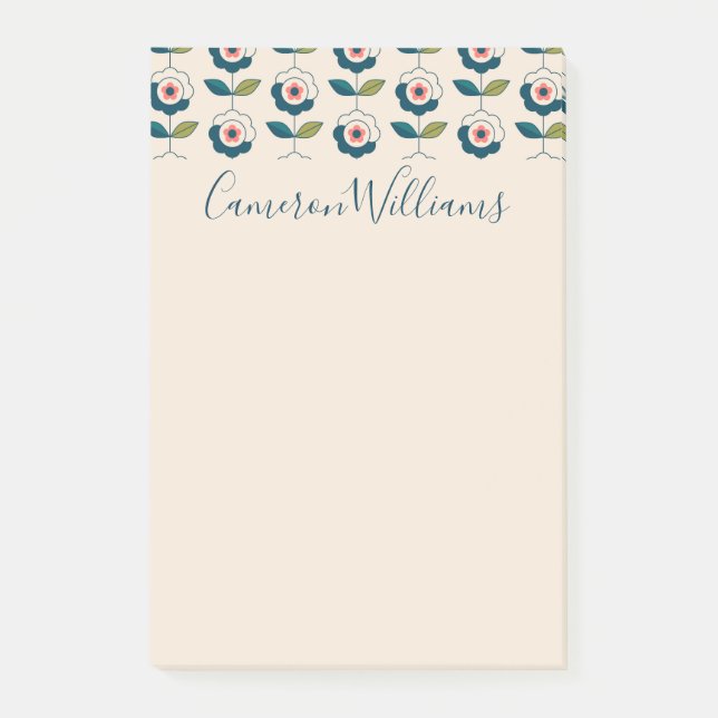 Add Your Name | Retro Turquoise Floral Pattern Post-it Notes (Front)