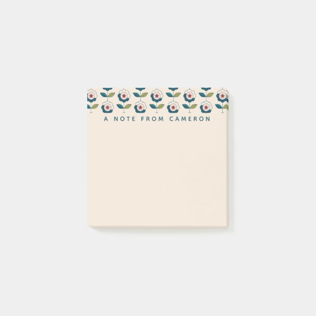 Add Your Name | Retro Turquoise Floral Pattern Post-it Notes (Front)