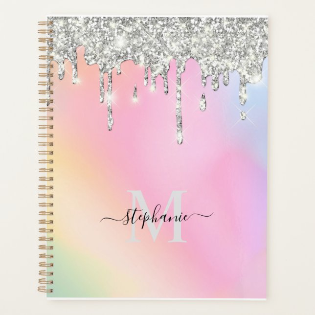 Add Your Name Script Silver Glitter Drips Custom Planner (Front)