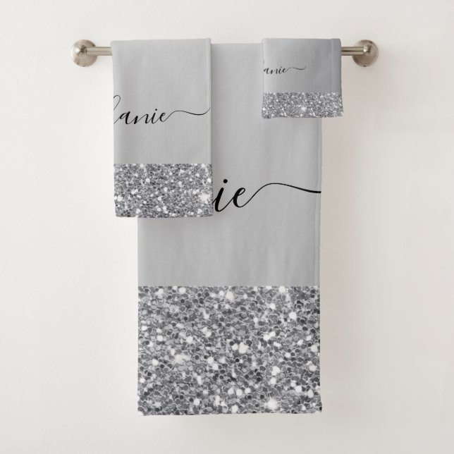 Add Your Name Script Silver Glitter Drips Luxe Bath Towel Set (Insitu)