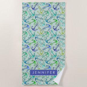 Add Your Name   Sea Anchors And Rope Pattern Beach Towel