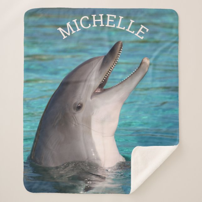 Add Your Name Smiling Dolphin Photograph Sherpa Blanket (Front)