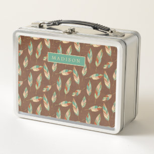 Add Your Name   Southwest Feather Pattern Metal Lunch Box