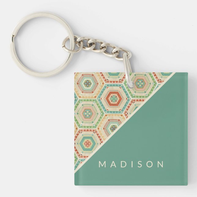 Add Your Name | Southwest Hexagon Pattern Keychain (Front)