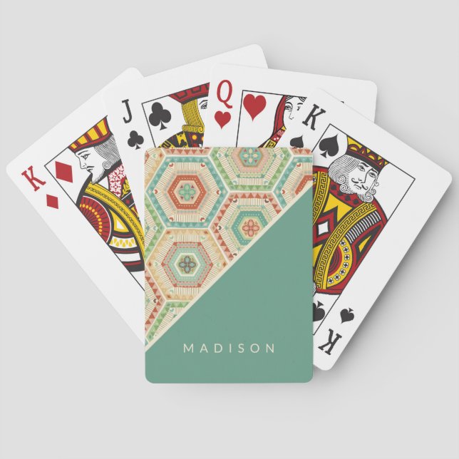 Add Your Name | Southwest Hexagon Pattern Playing Cards (Back)