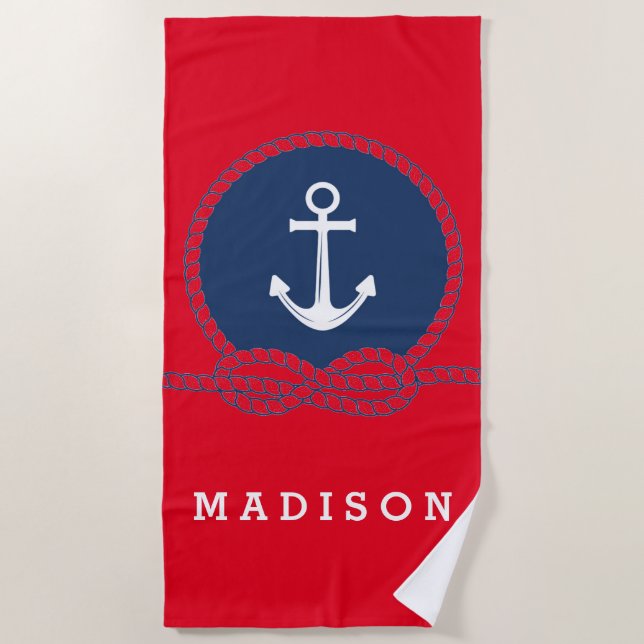 Add Your Name | Stylish Anchor And Rope Beach Towel (Front)