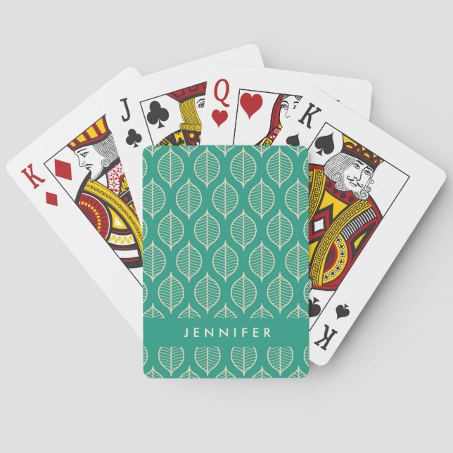 Add Your Name | Stylized Green Leaf Pattern Playing Cards (Back)