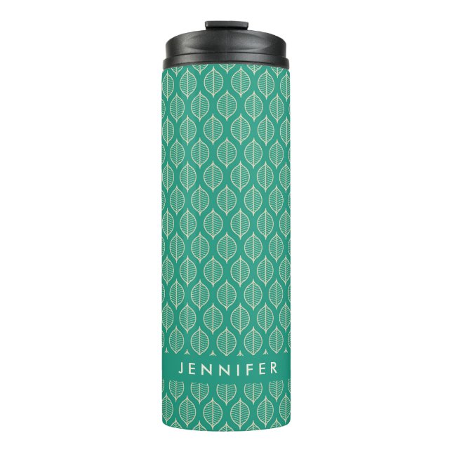 Add Your Name | Stylized Green Leaf Pattern Thermal Tumbler (Front)