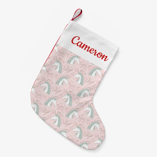 Add Your Name | Sweet Floral Unicorn Pattern Small Christmas Stocking (Front (Hanging))