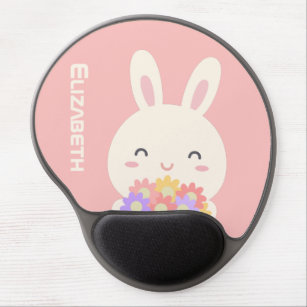 Add Your Name   Sweet Little Bunny & Flowers Pink Gel Mouse Pad