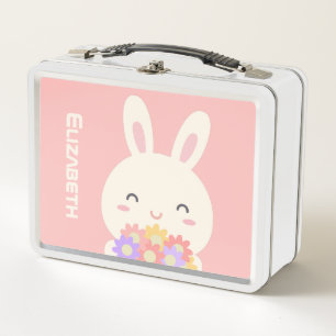 Add Your Name Sweet Little Bunny & Flowers Pink Metal Lunch Box