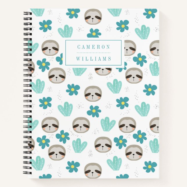 Add Your Name | Sweet Sloth Floral Pattern Notebook (Front)