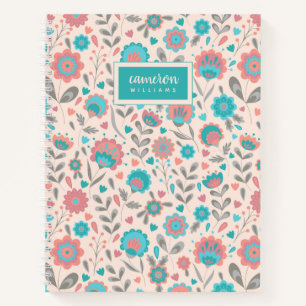 Add Your Name   Teal & Coral Folk Art Floral Notebook