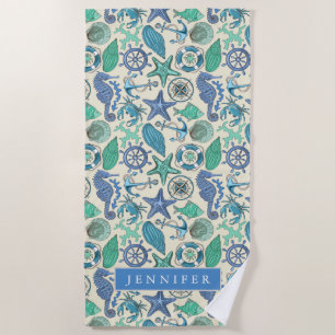 Add Your Name Teal Sea Animals Pattern Beach Towel