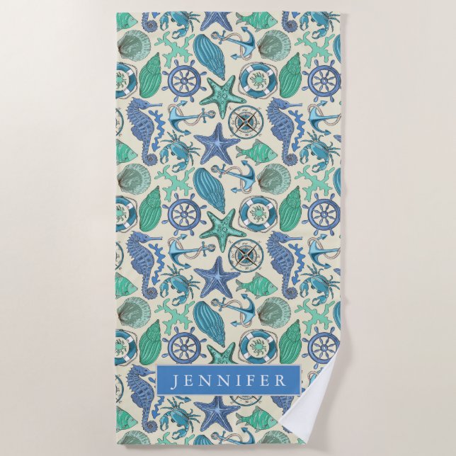 Add Your Name | Teal Sea Animals Pattern Beach Towel (Front)
