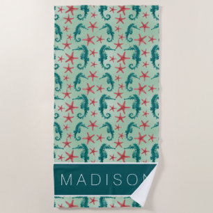 Add Your Name Teal Seahorse Pattern Beach Towel