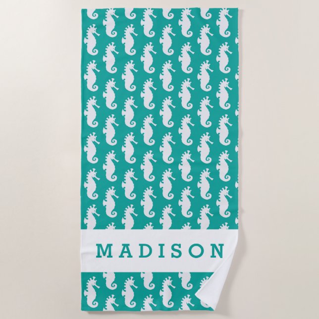 Add Your Name | Teal Seahorse Pattern Beach Towel (Front)