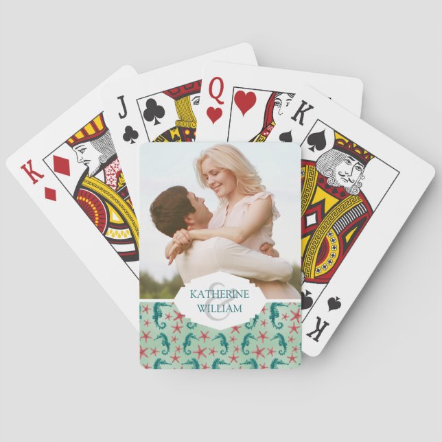 Add Your Name | Teal Seahorse Pattern Playing Cards (Back)
