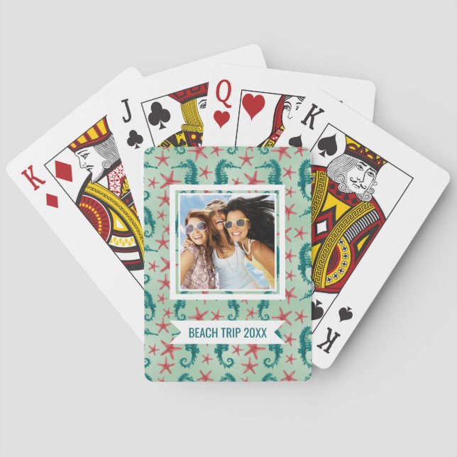 Add Your Name | Teal Seahorse Pattern Playing Cards (Back)