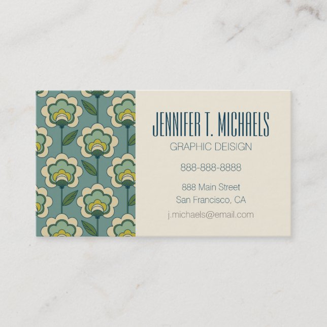 Add Your Name | Teal & Yellow Floral Pattern Business Card (Front)