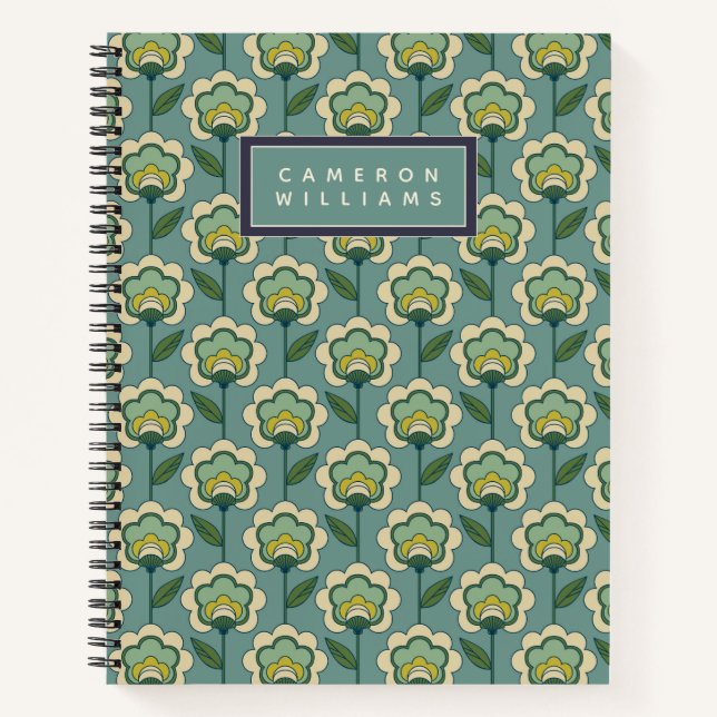 Add Your Name | Teal & Yellow Floral Pattern Notebook (Front)