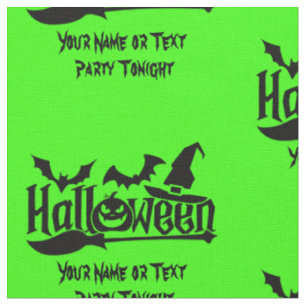 Add Your Name Text Halloween Word Bats Broom Green Fabric