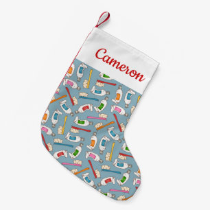 Add Your Name   Toothbrush & Toothpaste Pattern Small Christmas Stocking