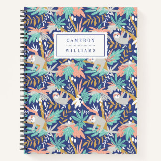 Add Your Name | Tropical Blue Sloth Pattern Notebook