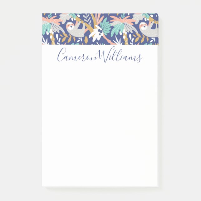 Add Your Name | Tropical Blue Sloth Pattern Post-it Notes (Front)