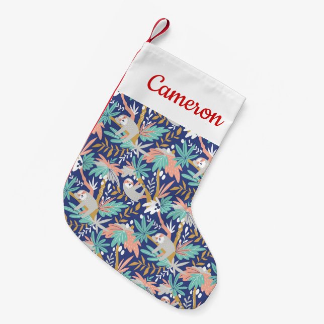 Add Your Name | Tropical Blue Sloth Pattern Small Christmas Stocking (Front (Hanging))