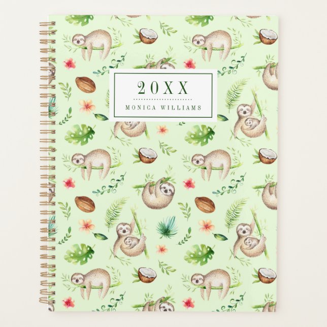 Add Your Name | Tropical Coconut Sloth Pattern Planner (Front)