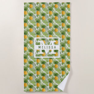 Add Your Name   Tropical Palm Leaves & Pineapples Beach Towel