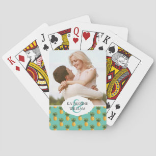 Add Your Name   Tropical Pineapples On Teal Playing Cards