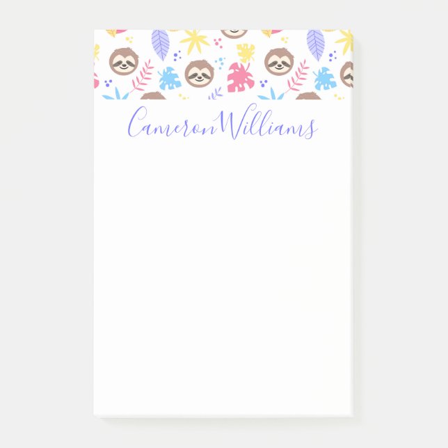 Add Your Name | Tropical Sloth & Leaves Pattern Post-it Notes (Front)