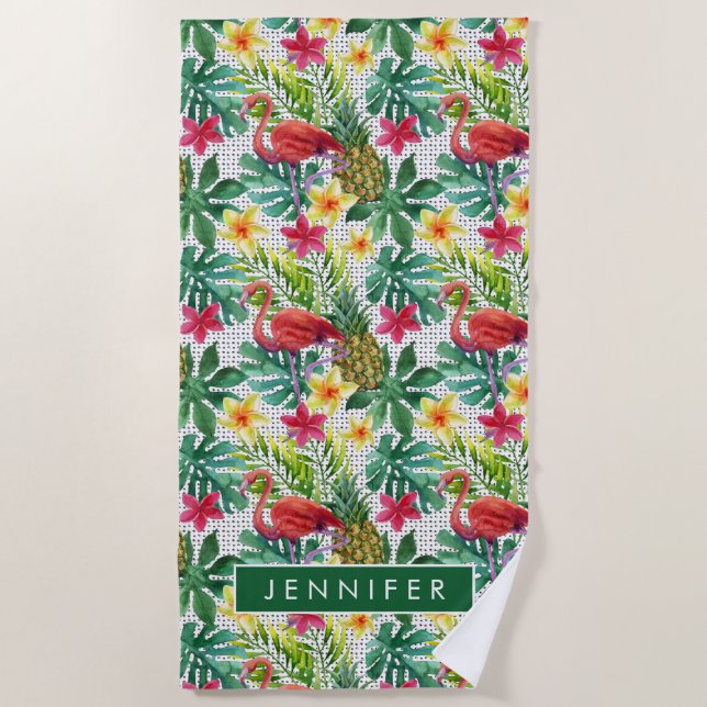 Add Your Name | Tropical Watercolor Beach Towel (Front)