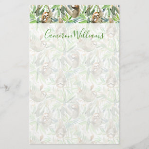 Add Your Name   Tropical Watercolor Sloth Pattern Stationery