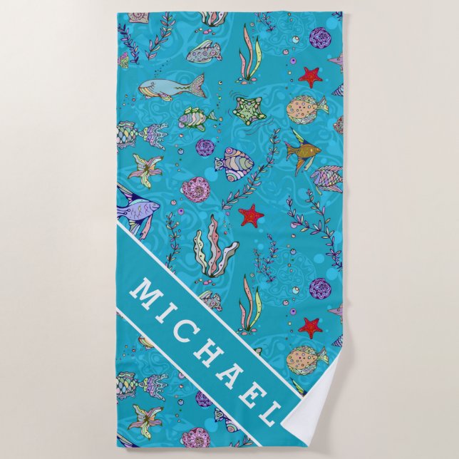 Add Your Name | Turquoise Fish Pattern Beach Towel (Front)