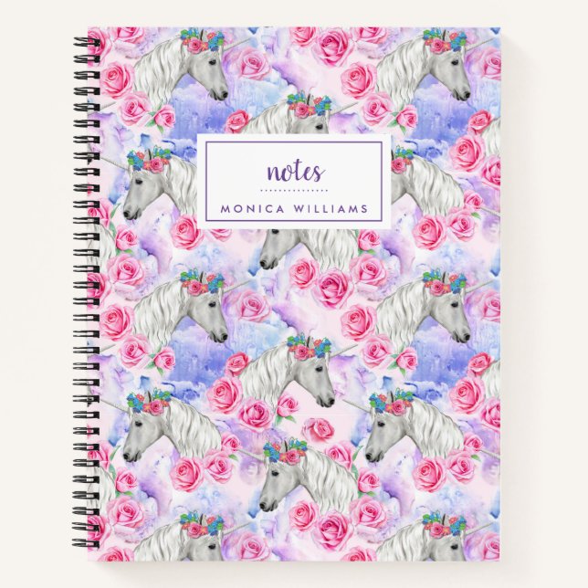 Add Your Name | Unicorns & Roses Pattern Notebook (Front)