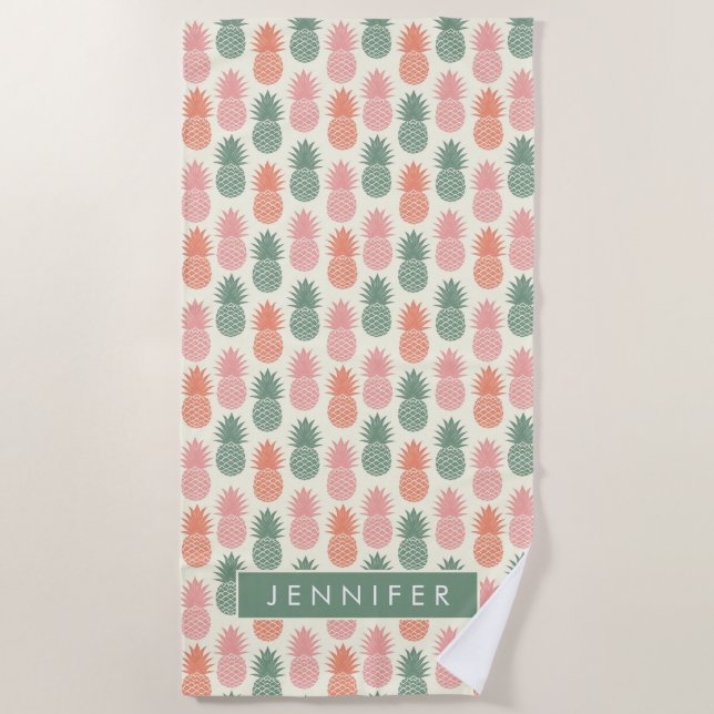 Add Your Name | Vintage Pineapple Pattern Beach Towel (Front)