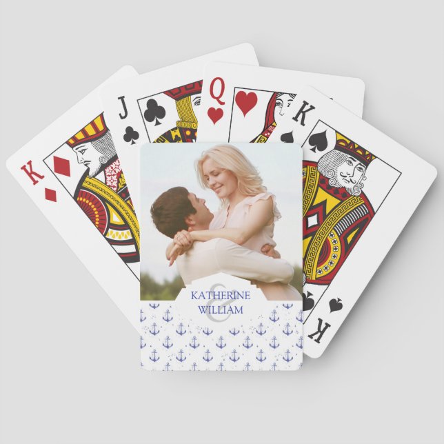 Add Your Name | Watercolor Anchor Pattern Playing Cards (Back)