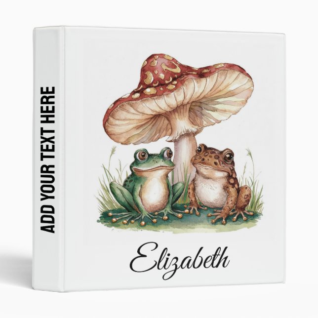Add Your Name Watercolor Cute Frog and Mushrooms   Binder (Front/Spine)