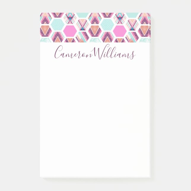 Add Your Name | Watercolor Hexagon Pattern Post-it Notes (Front)