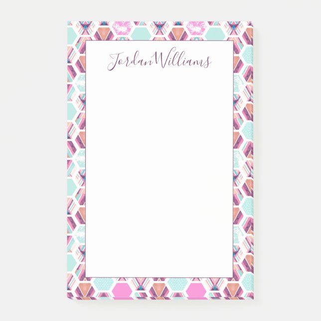 Add Your Name | Watercolor Hexagon Pattern Post-it Notes (Front)