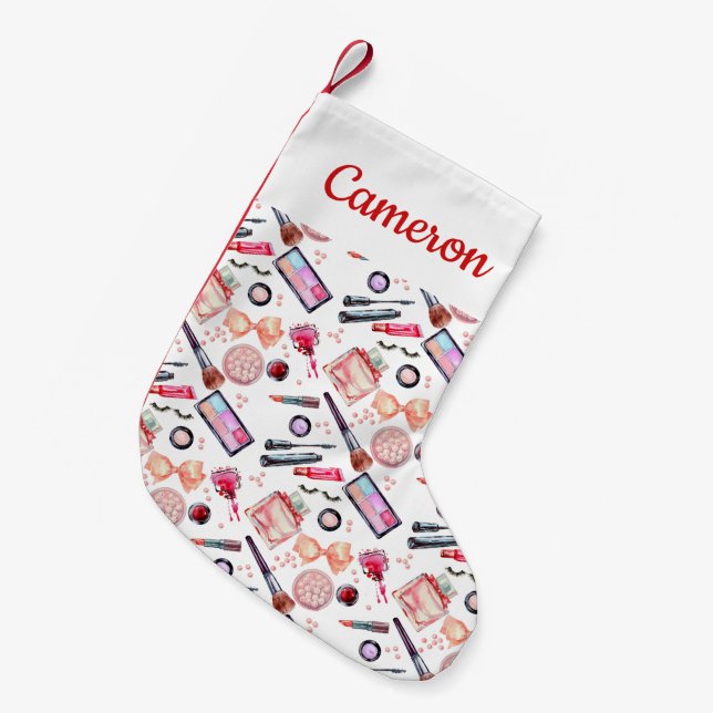 Add Your Name | Watercolor Makeup Pattern Small Christmas Stocking (Front (Hanging))