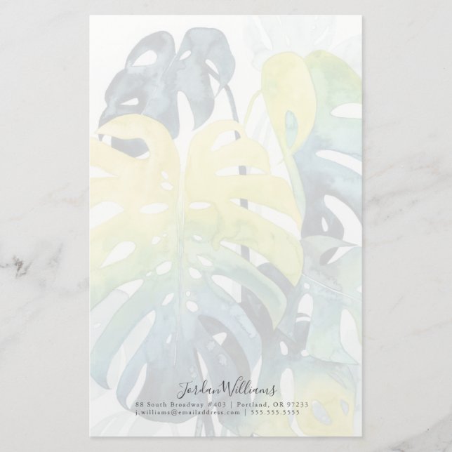 Add Your Name | Watercolor Sunset Palm Tree Leaves Stationery (Front)