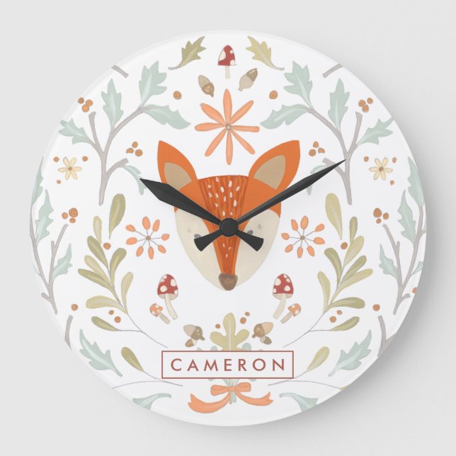 Add Your Name | Whimsical Woodland Fox Large Clock (Front)