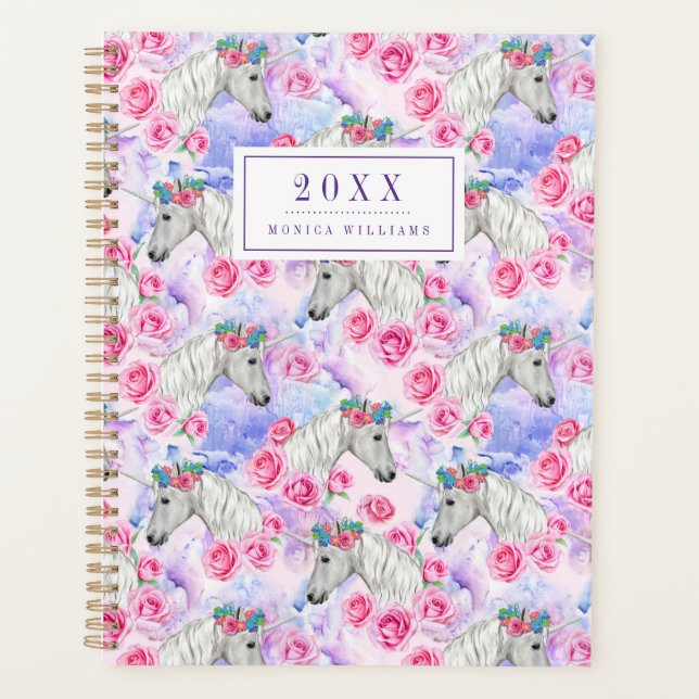Add Your Name/Year | Unicorns & Roses Pattern Planner (Front)